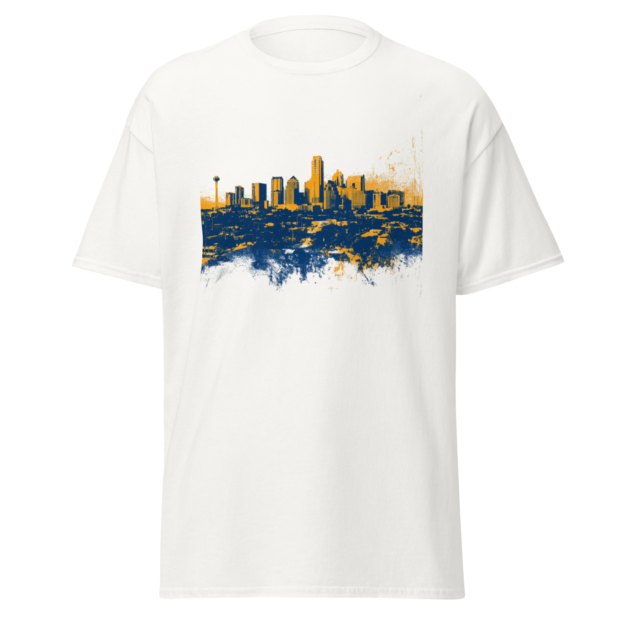 unisex-classic-tee-white-front-6a0df856f03bf.jpg Dallas Skyline Watercolor T-Shirt | Texas Pride - Image 1