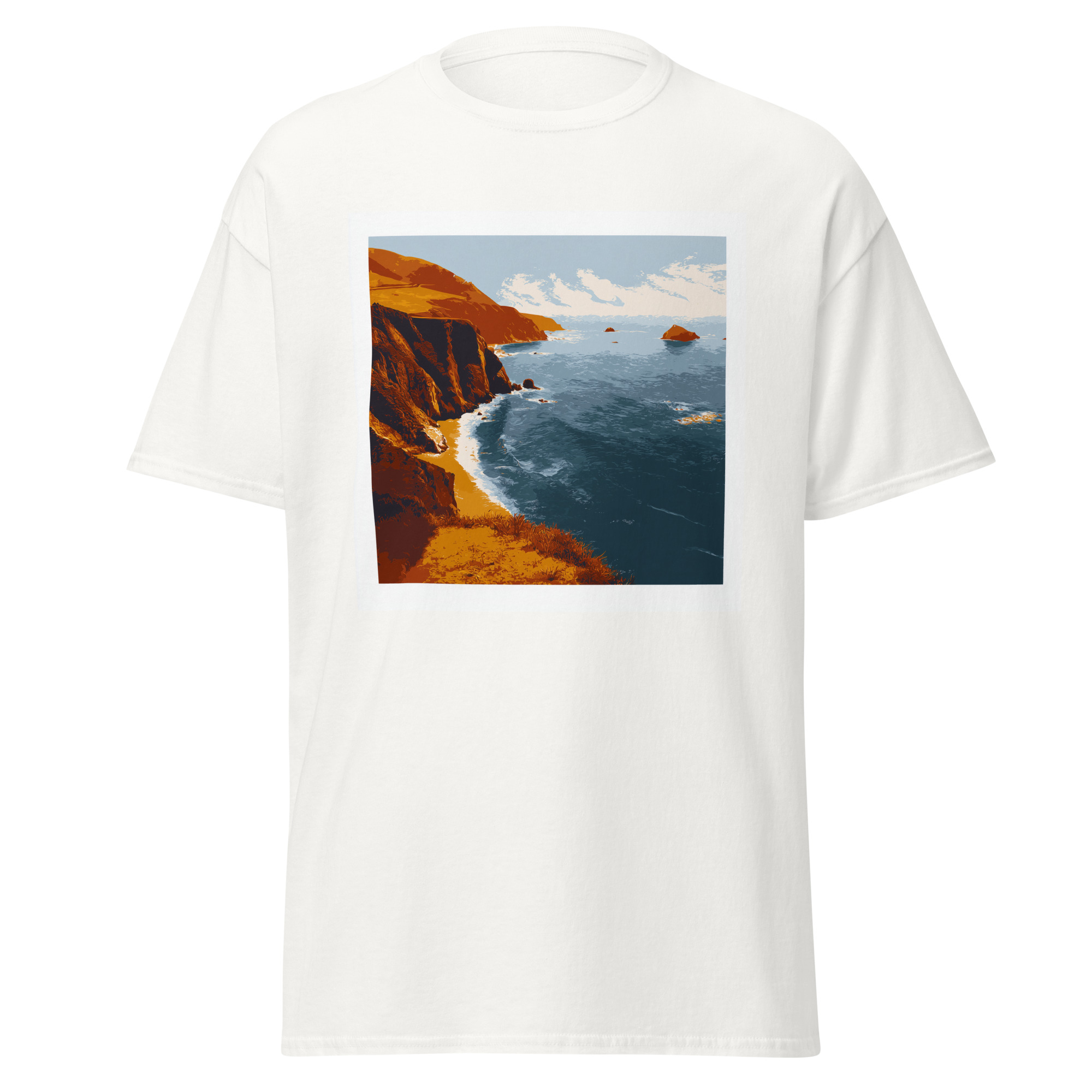 unisex-classic-tee-white-front-6a1c614668d64.jpg Big Sur Coastal Cliffs T-Shirt | California Pride - Image 1
