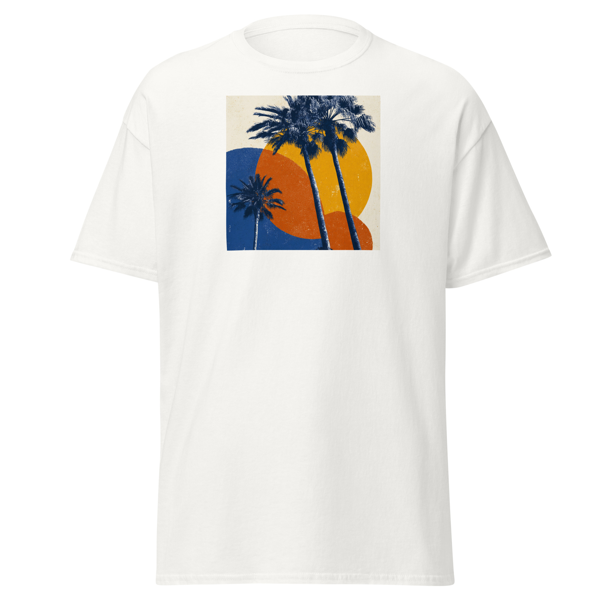 unisex-classic-tee-white-front-6a29345484aca.jpg Palm Trees Bold Sun T-Shirt | California Pride - Image 1