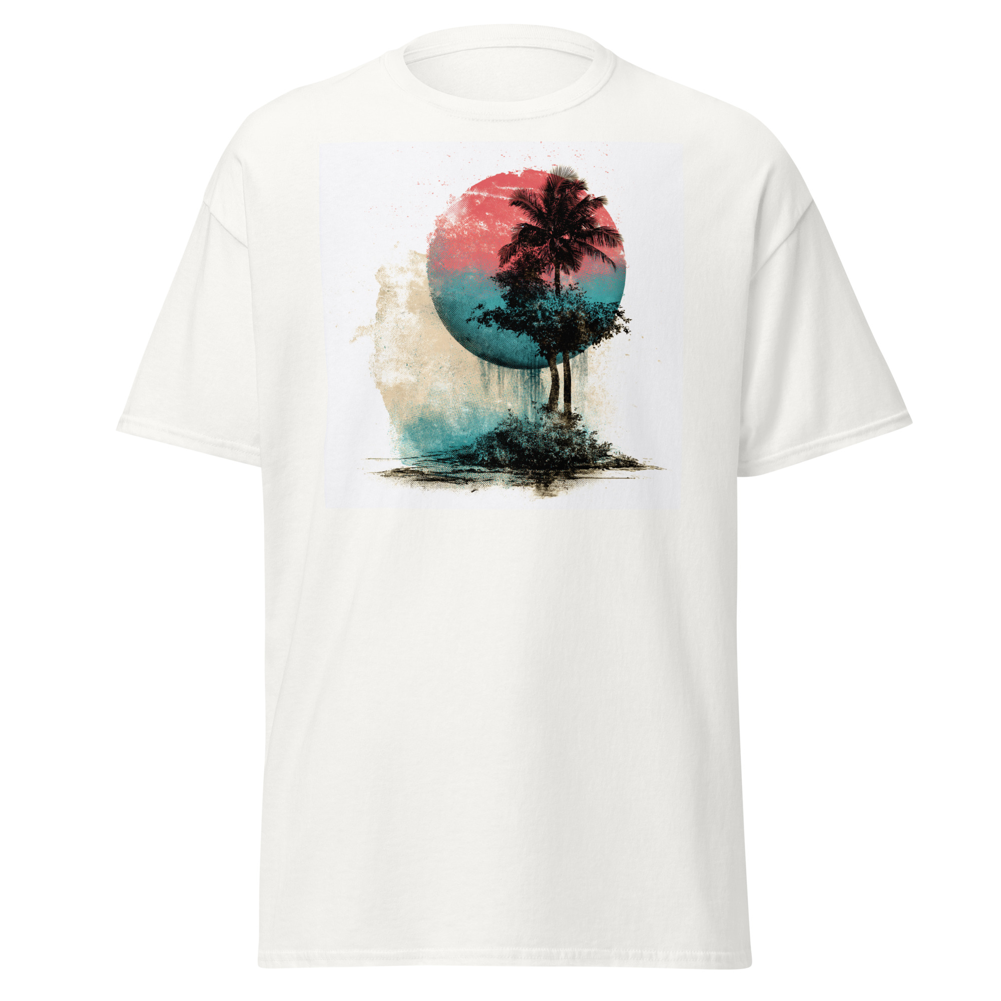 unisex-classic-tee-white-front-6a443cb604ec2.jpg Tropical Tree Sunset T-Shirt | Florida Pride - Image 1